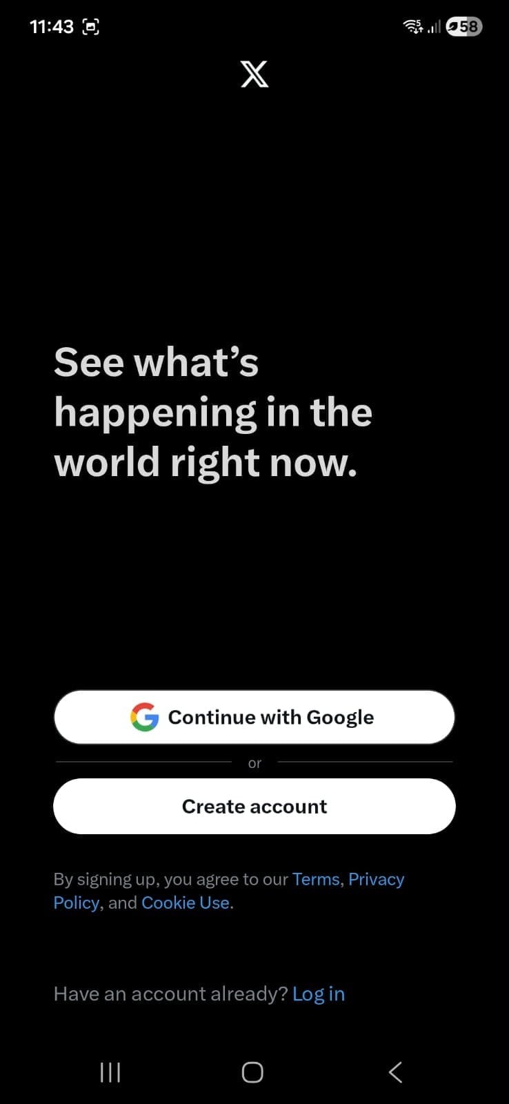 X (Twitter) mobile app sign-up screen with message “See what’s happening in the world right now” and options to continue with Google or create an account.