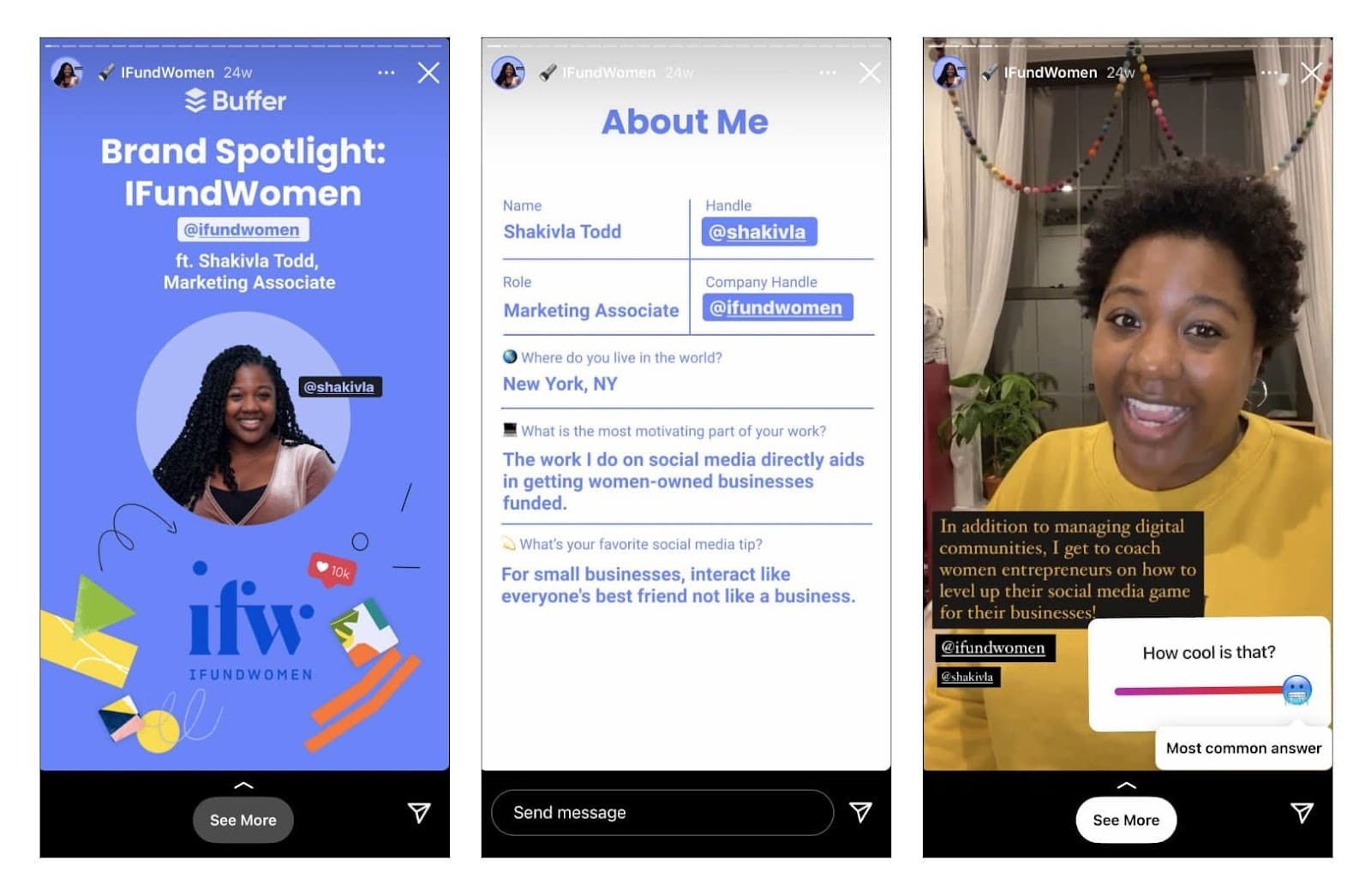 Instagram Story examples showing full-screen vertical designs, highlighting the recommended Instagram post size format for stories with text overlays and interactive elements.