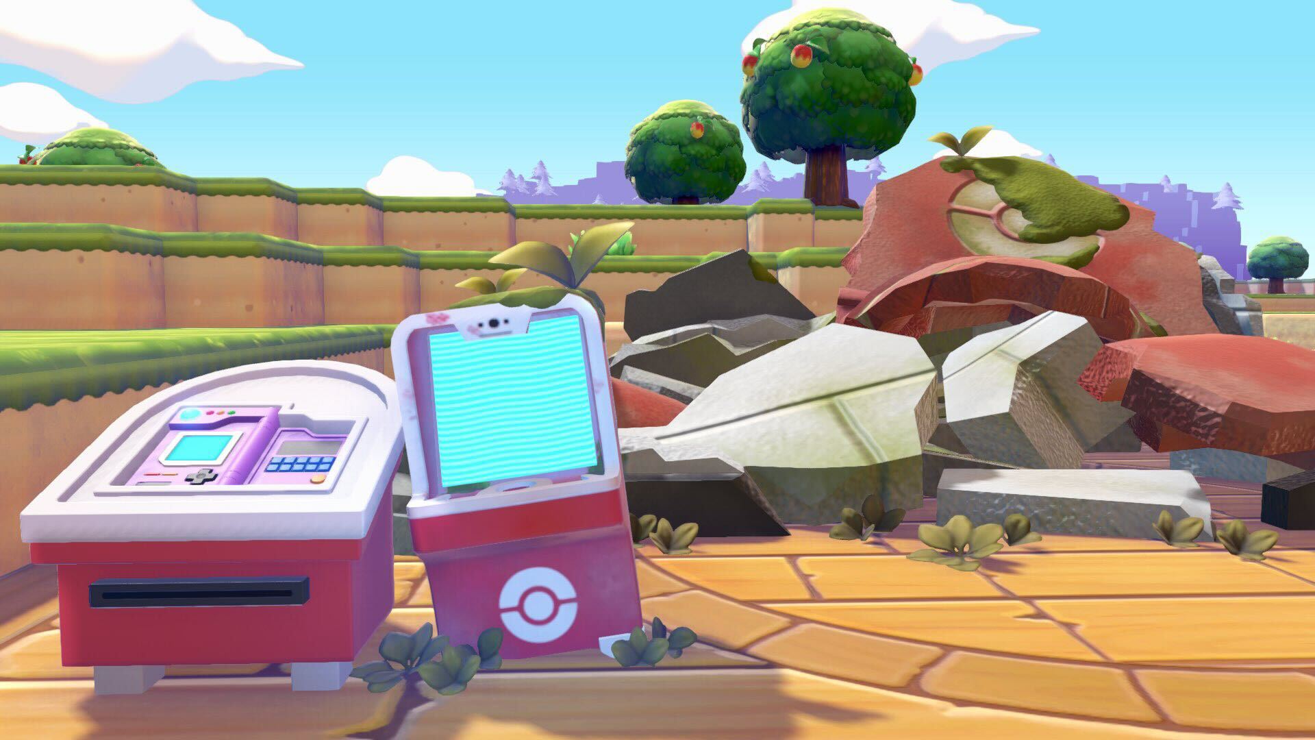 A pile of rubble that was once a Pokémon Center in Pokopia. Stationed outside is a PC with leaves growing on it and a ‘90s-looking Pokedex.