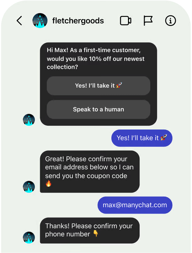 Instagram DM conversation showing automated prompts for discounts and customer details, illustrating how social media management tools support messaging workflows.
