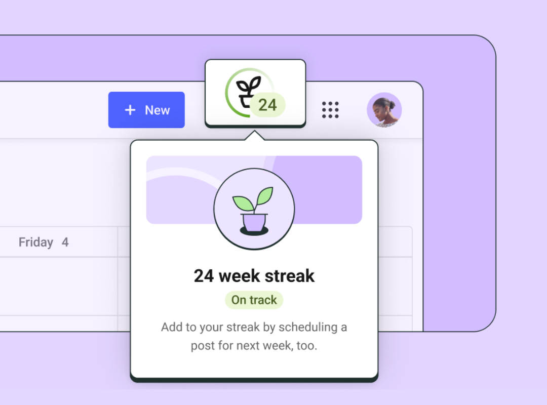 Buffer popup showing a 24-week posting streak with plant icon and on-track status, highlighting consistent scheduling supported by social media management tools.