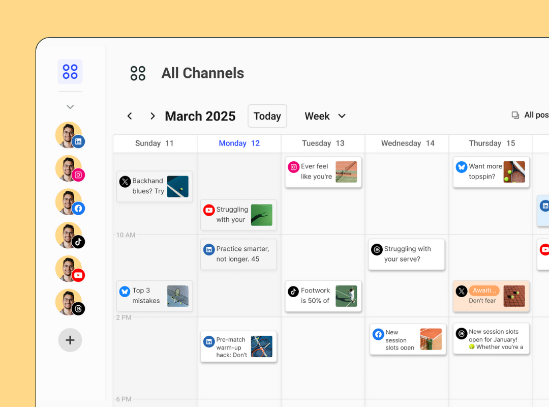 The best social media management tool: Calendar view of scheduled posts on Buffer with icons and previews, illustrating organized planning using social media management tools.