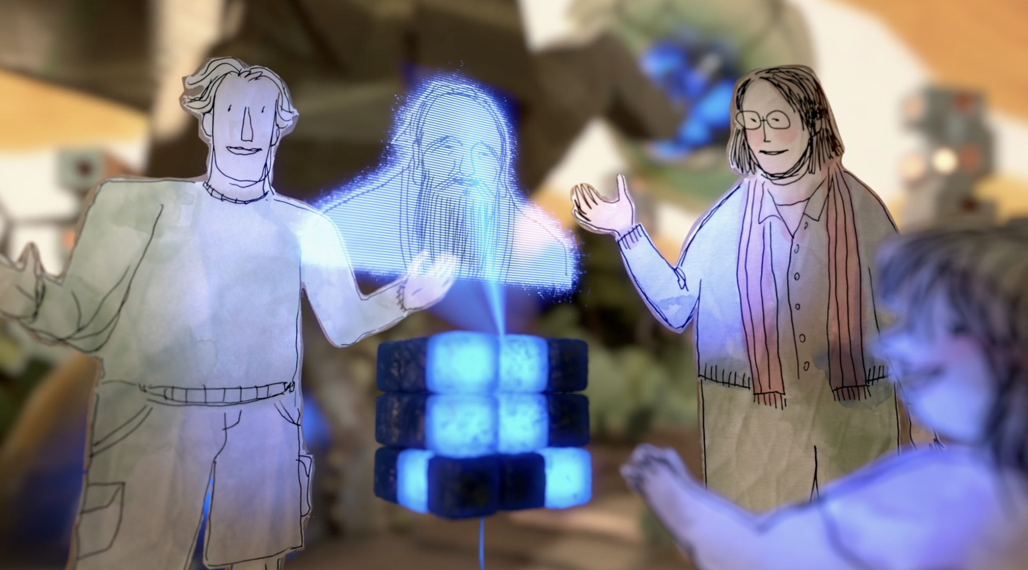 A still from a stop-motion animation depicting two adults and a child made of paper who are marveling at a hologram being projected from a glowing, Rubik’s cube-like object.
