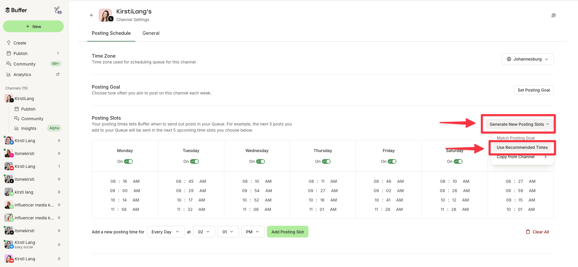 Screenshot of Buffer posting schedule settings showing generate new posting slots and recommended times options for optimizing best time to post on twitter.