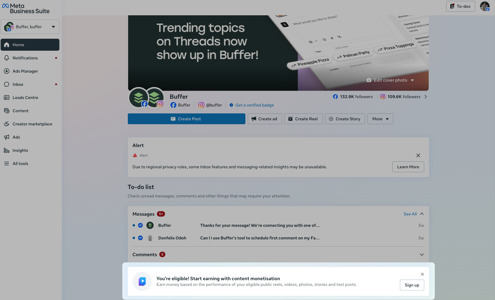 Meta Business Suite dashboard showing Buffer's Facebook Page with a content monetization eligibility notification and engagement tools