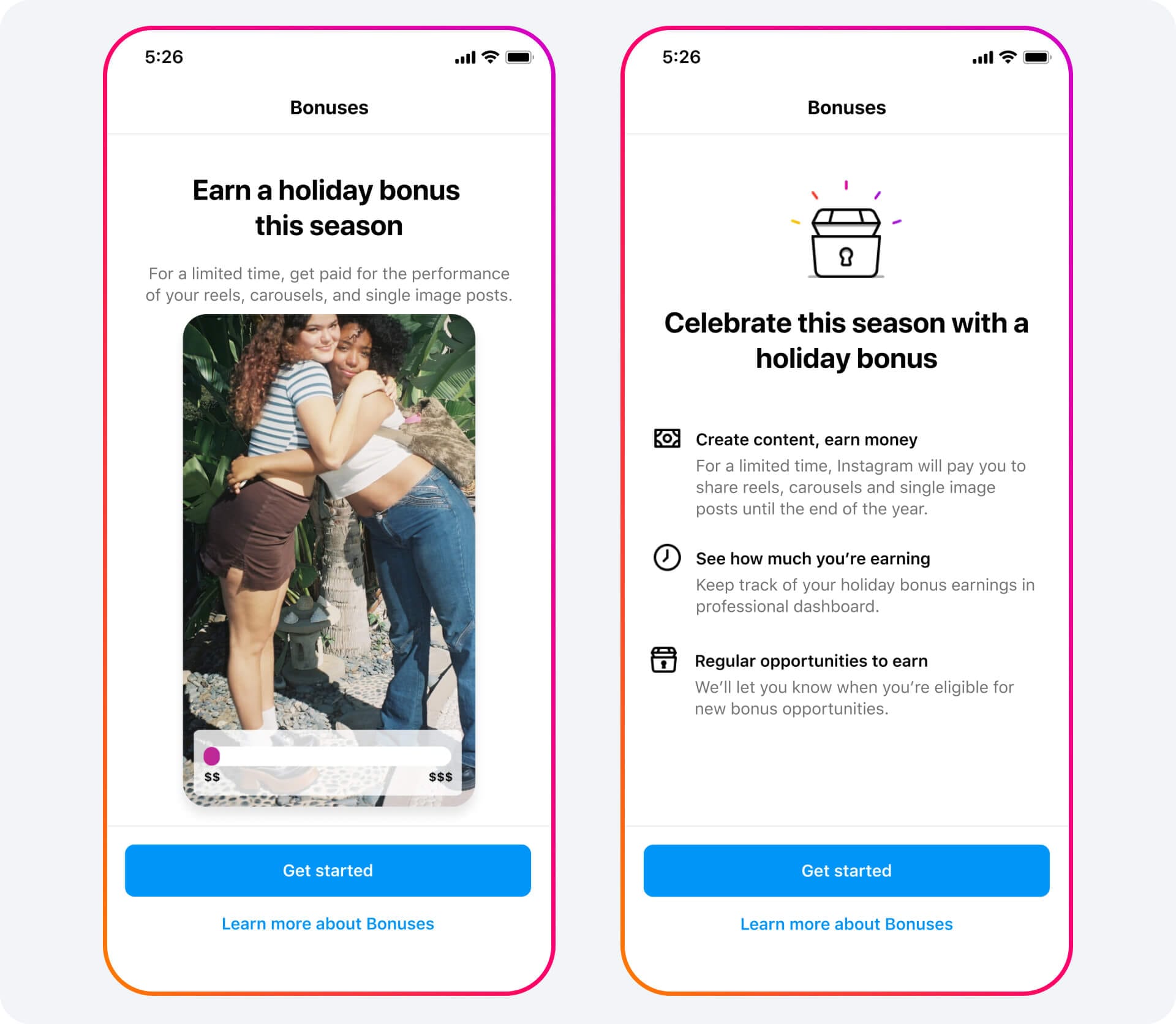 Instagram Bonuses dashboard showing holiday bonus program and earnings tracker, highlighting how creators make money on Instagram through performance-based bonuses.