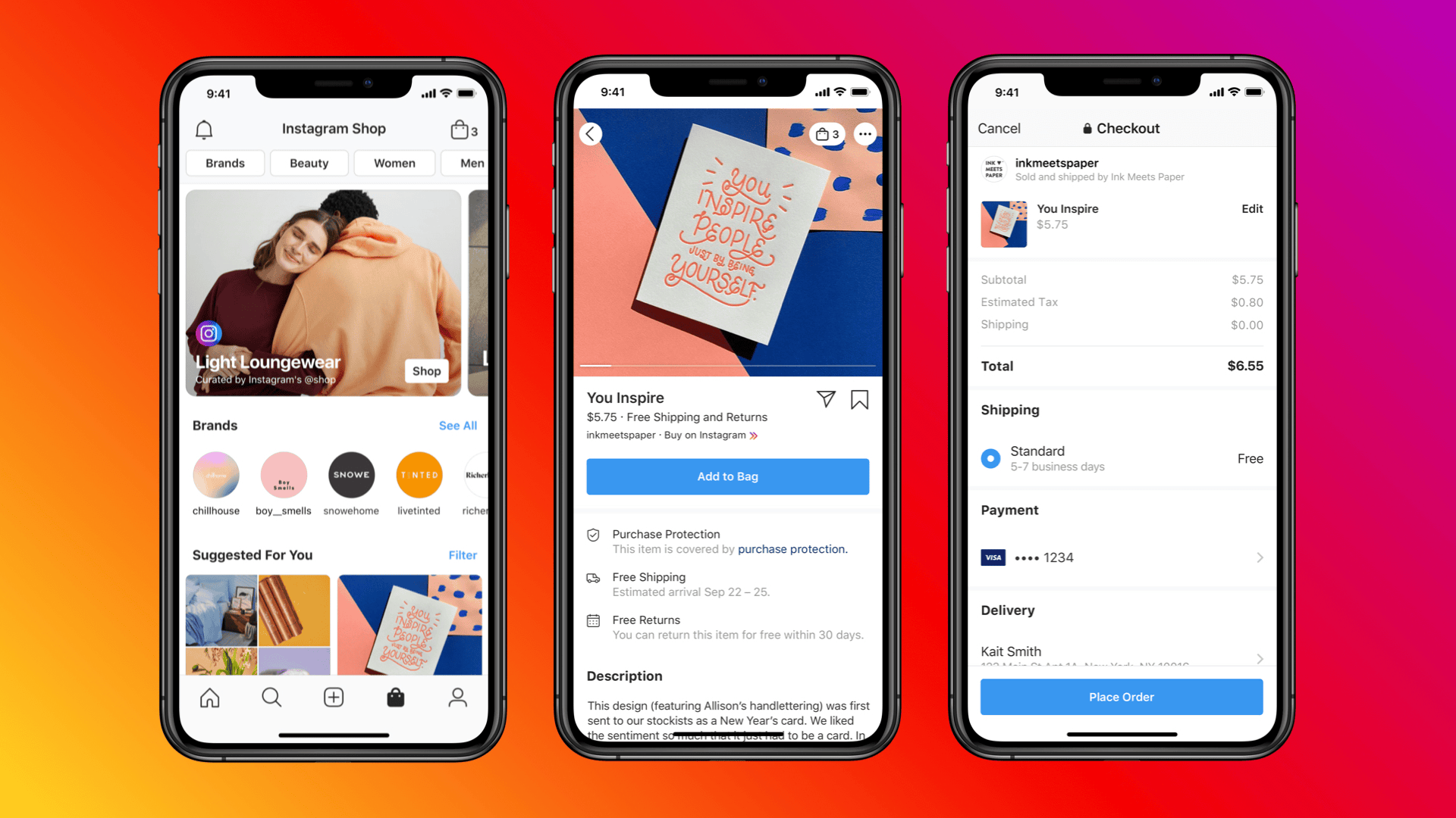 Instagram Shop interface showing product listings, product detail page, and checkout screen, highlighting how to make money on Instagram by selling products directly in app.