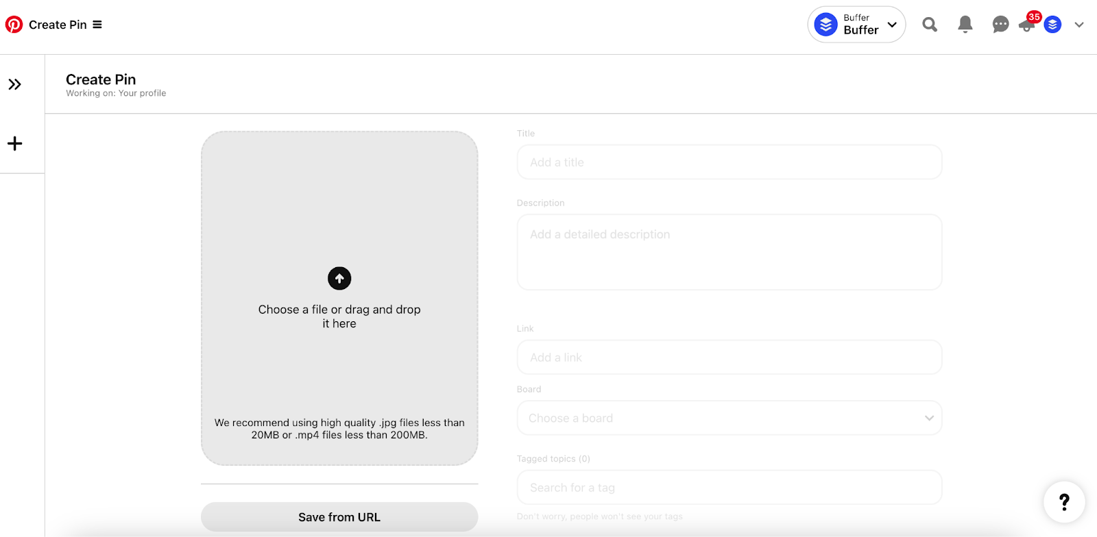 Pinterest create pin screen with upload area, title, description, and link fields demonstrating how to use Pinterest to create a pin