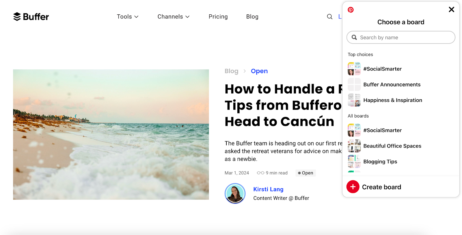 Buffer blog page with Pinterest browser extension open showing board selection menu, illustrating how to use Pinterest to save a pin to a board