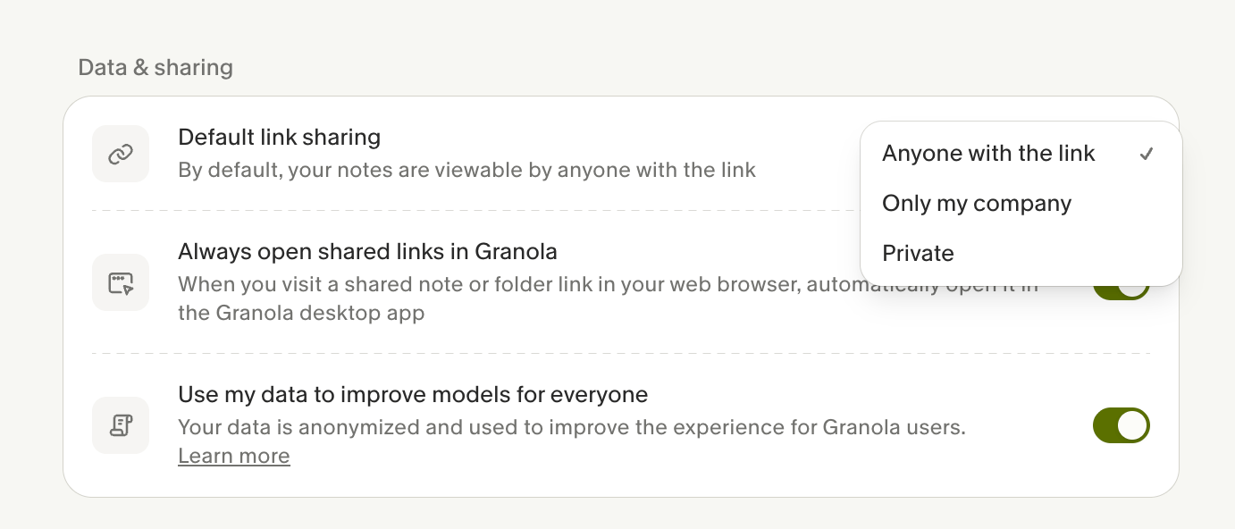You can make links to your notes private or only allow members of your company to view them.
