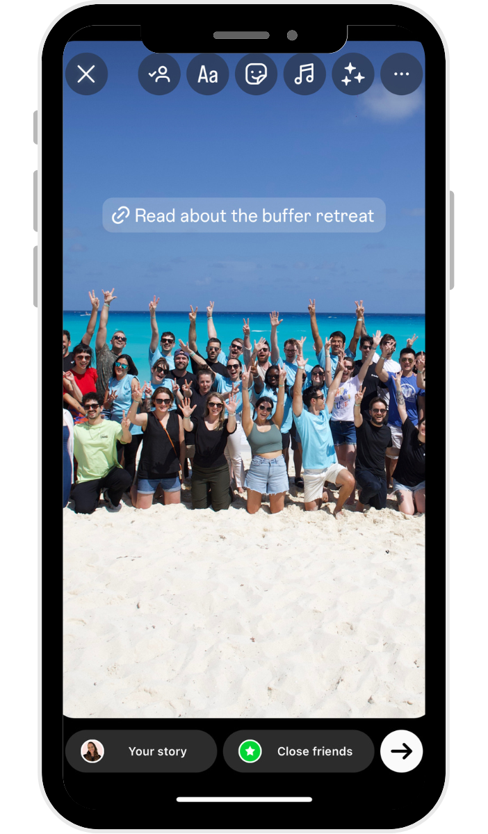 Instagram stories link sticker example over beach group photo with call to action link and Instagram stories interface elements