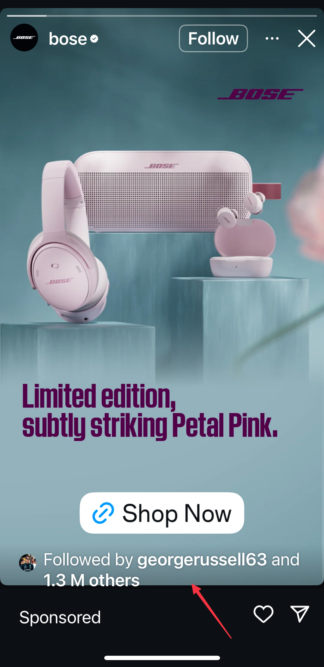 Instagram stories ads example featuring Bose product promotion with shop now link and branded Instagram stories advertising interface