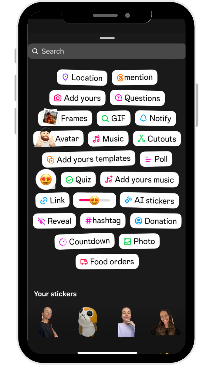 Instagram Stories sticker menu on a smartphone screen