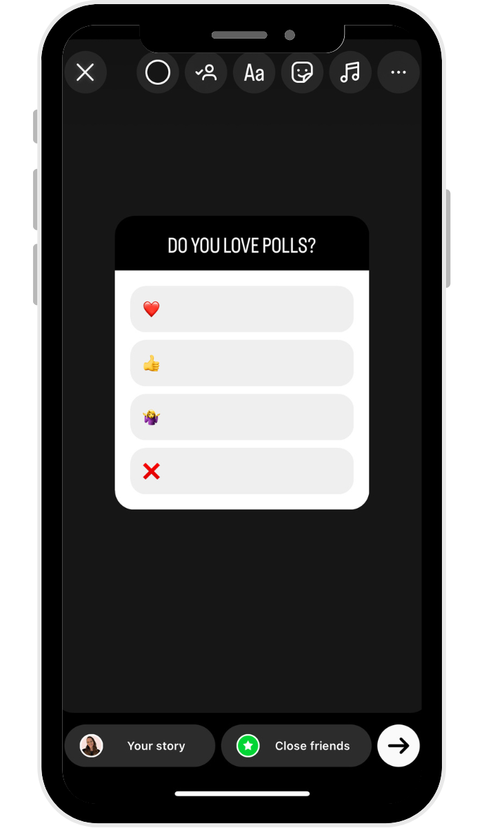 Instagram stories poll sticker example with emoji response options on dark background in Instagram stories interface