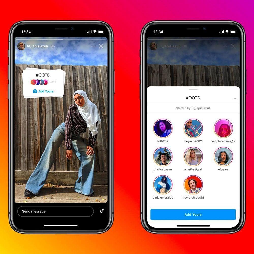 Two smartphones displaying instagram stories with the Add Yours #OOTD sticker, showing a fashion photo on one screen and a list of participant stories on the other.