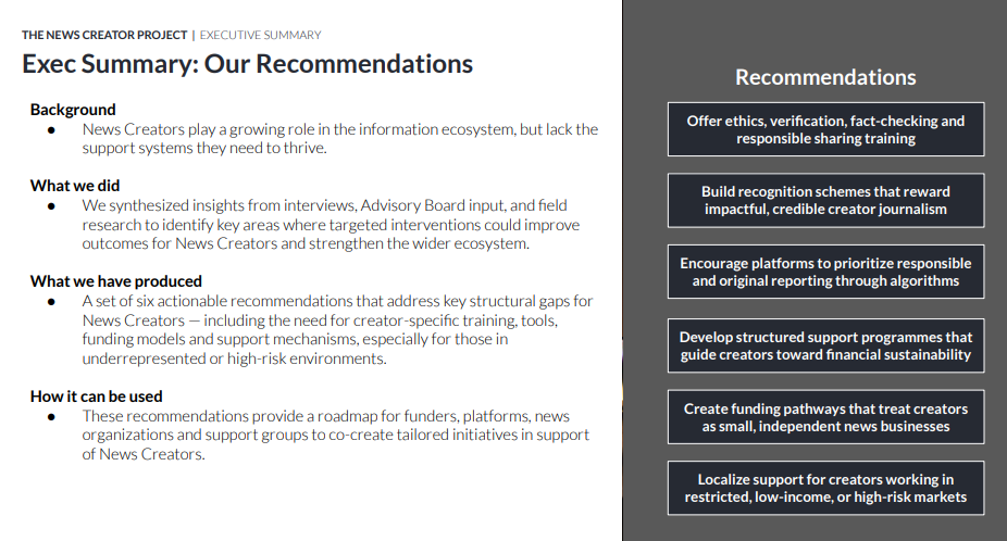 Recommendations slide from the FT Strategies x WAN IFRA News Creator Project