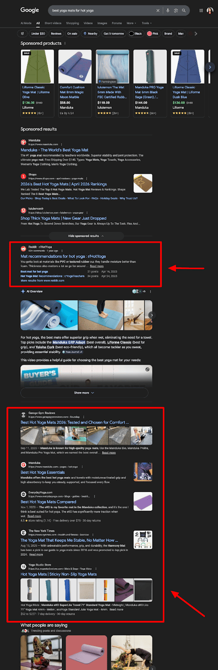 google search results page showing regular, blue link list results to the query best yoga mat for hot yoga