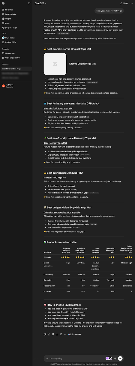chatgpt results page showing anser engine recommendations to the query best yoga mat for hot yoga