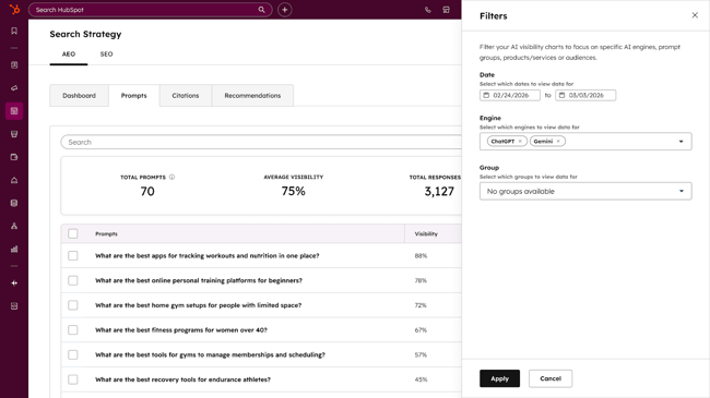 ai search analytics tools, HubSpot AEO search strategy dashboard for prompt management