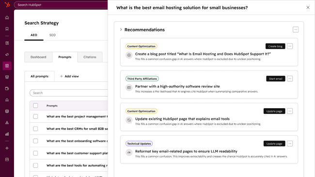 ai search analytics tools, hubspot aeo prompt recommendations dashboard with suggestions tailored to a specific business case