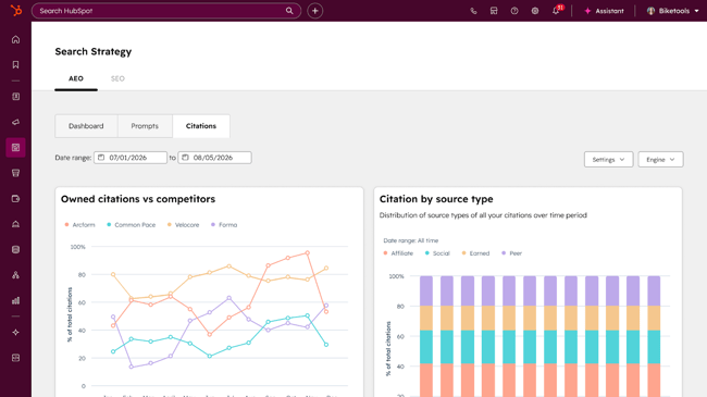 hubspot aeo owned citations vs competitors dashboard allows users to track answer engine citations by source over a period of time