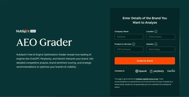 hubspot aeo grader let’s users track their brand’s current visibility in answer engines like chatgpt, perplexity, and gemini