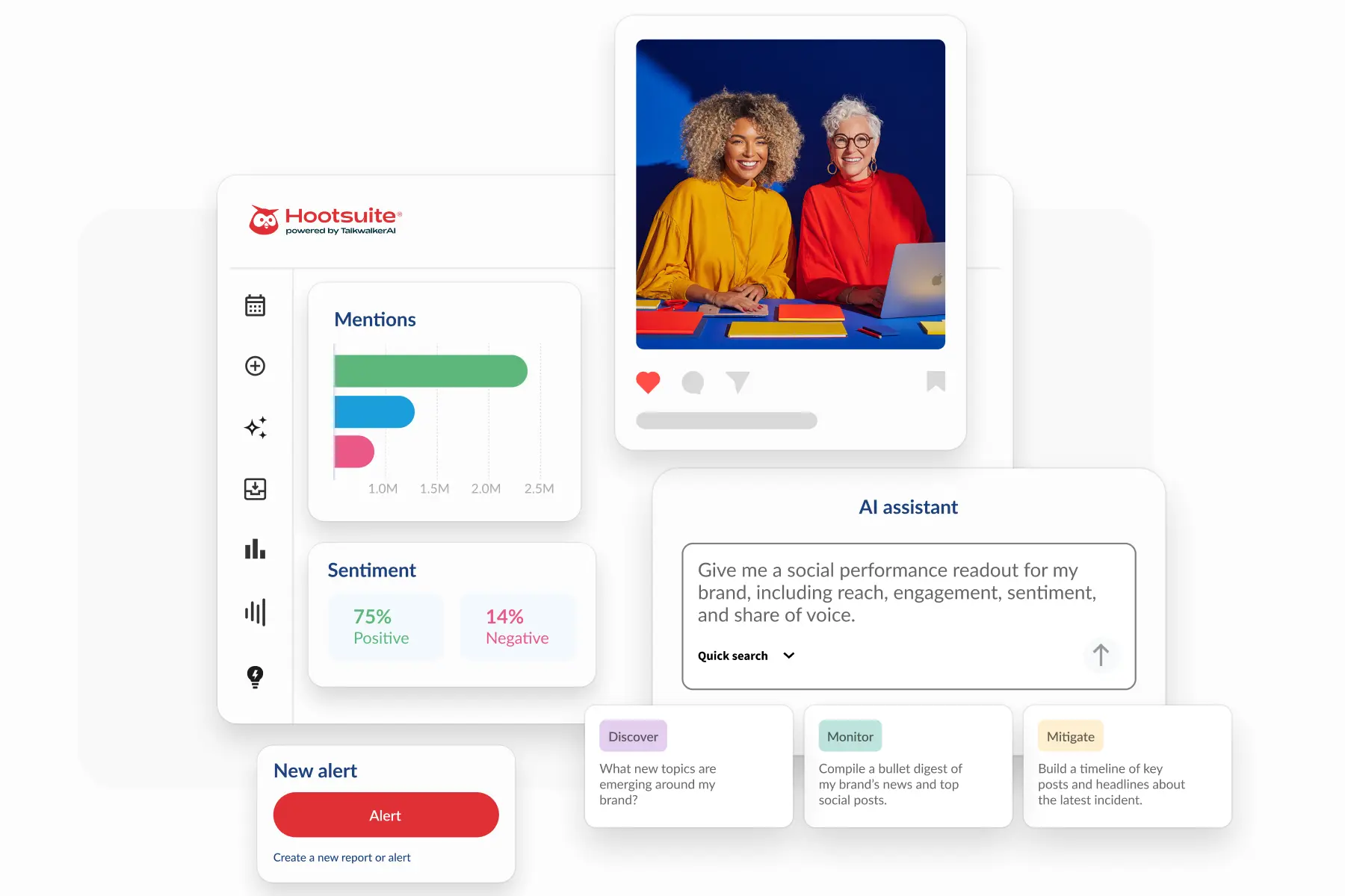Dashboard of social media marketing tools showing analytics charts, sentiment data, AI assistant, and post preview
