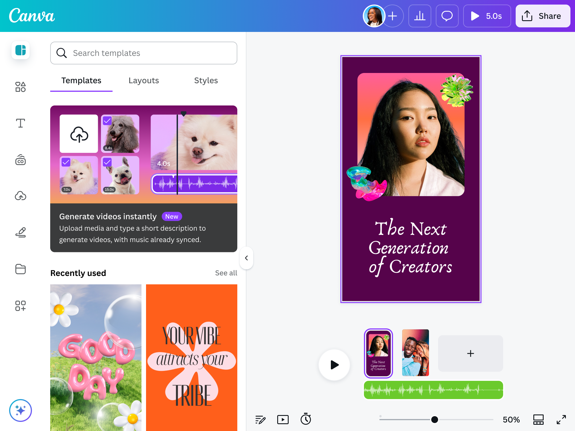 Social media marketing tools interface in Canva showing template editor, design elements, and customizable visuals for creating branded social media content