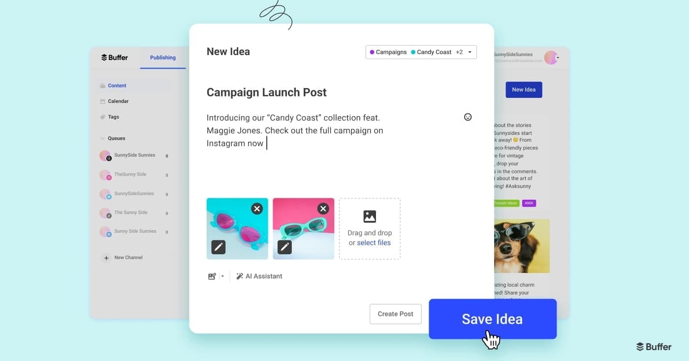 Buffer Create Space dashboard showing tools for saving, organizing, and planning social media marketing ideas with text, images, videos, and tags.
