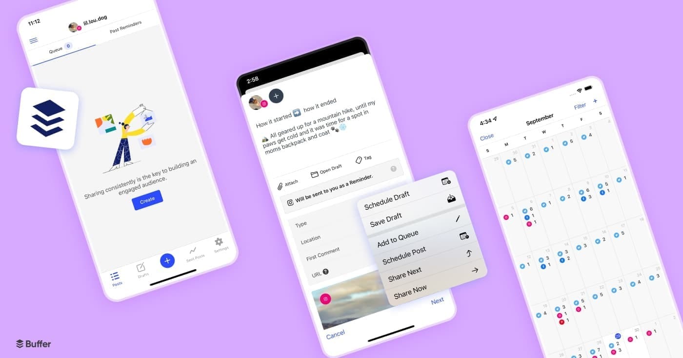 Buffer mobile app interface showing social media scheduling, content planning, and post management tools for social media marketing on the go.