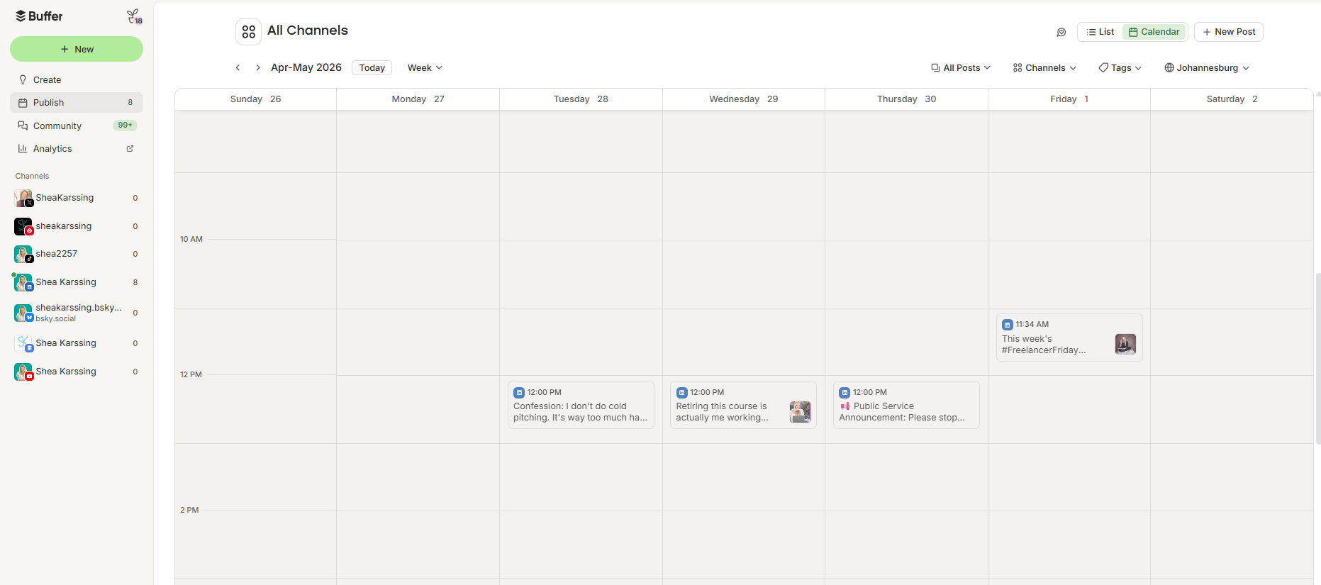 Buffer content calendar dashboard showing scheduled posts across multiple social media channels for organized social media marketing planning and publishing.