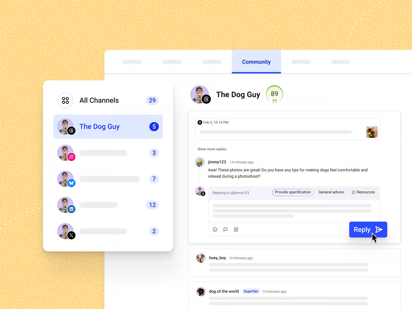 Buffer Community dashboard showing unified social media engagement tools for managing comments, replying across platforms, and improving social media marketing communication.