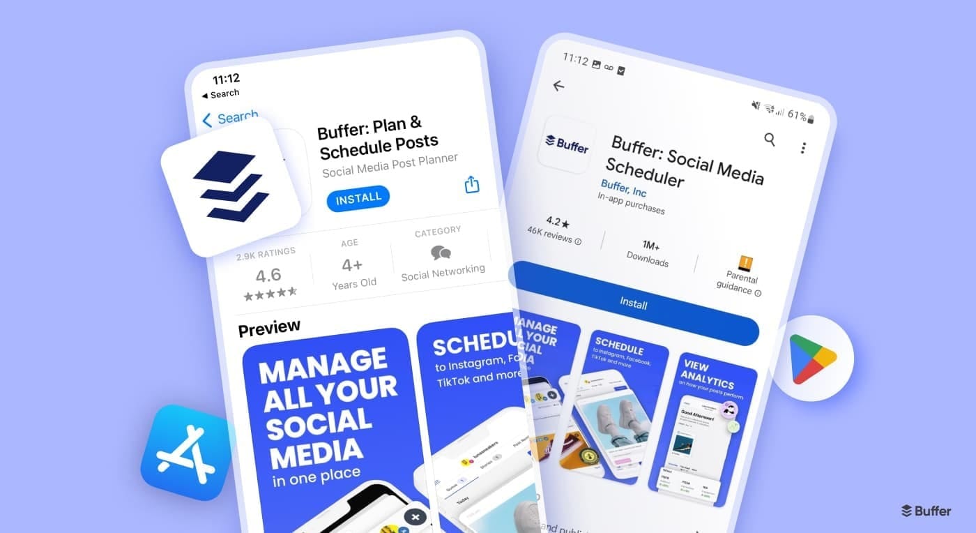 Buffer mobile app screens showing social media scheduling, post planning, and analytics tools for managing social media marketing on iPhone and Android.