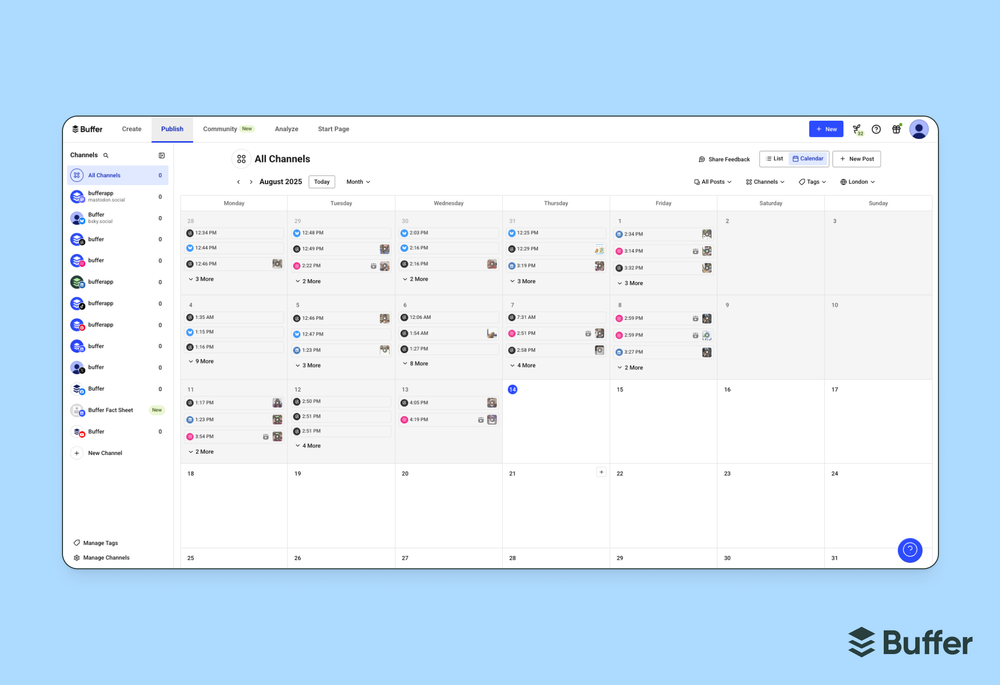 Buffer Facebook marketing calendar view showing scheduled posts across multiple connected channels for August 2025 in the Publish tab