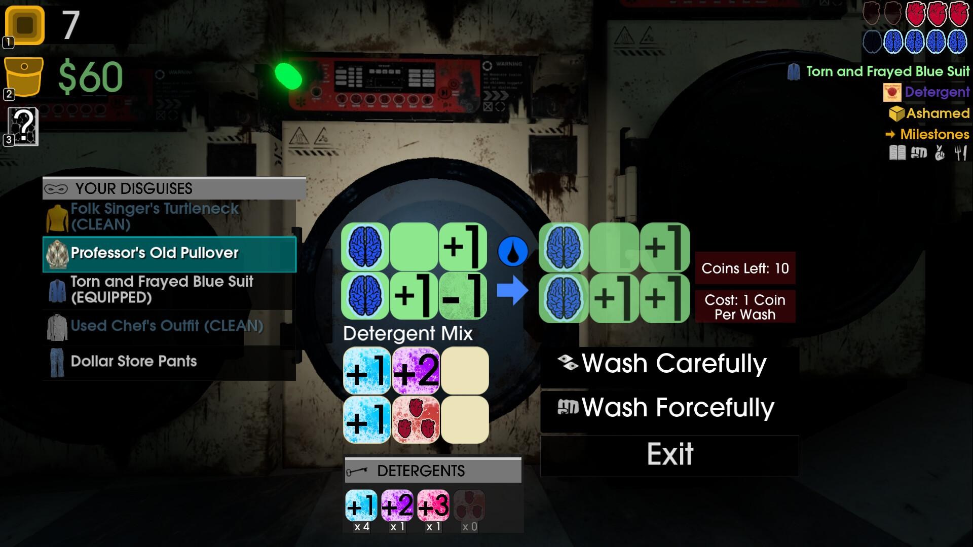 An image of the interface of Moves of the Diamond Hand, in which the player is rolling dice to wash a pullover sweater with laundry detergent.