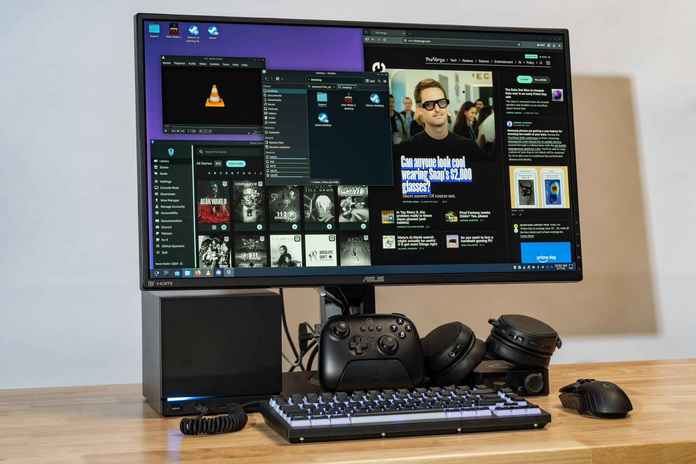 The Steam Machine in its built-in Linux desktop mode, plugged into the same peripherals I use every day.