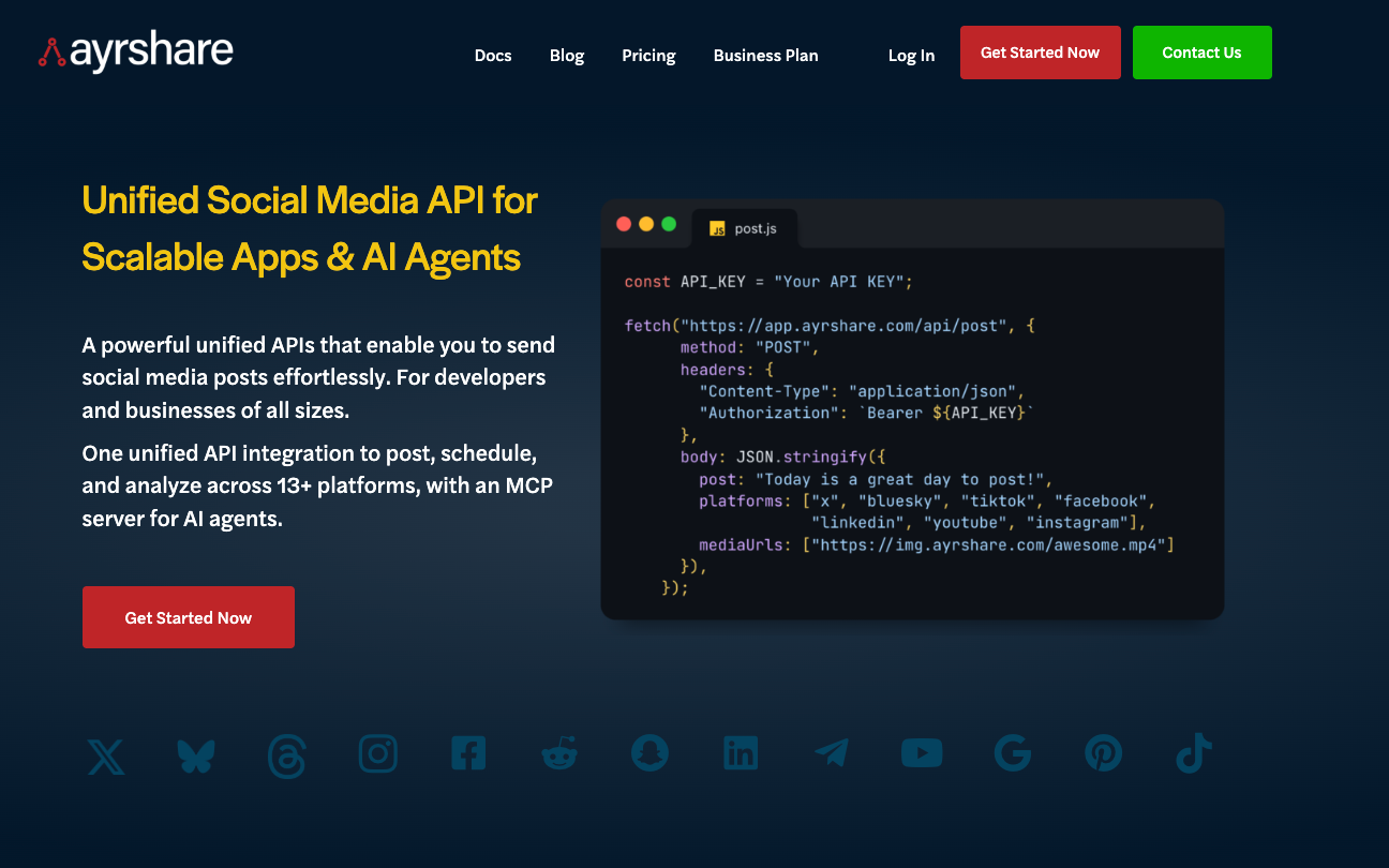 Ayrshare social media API homepage with the headline "Unified Social Media API for Scalable Apps & AI Agents" alongside a code snippet and platform icons