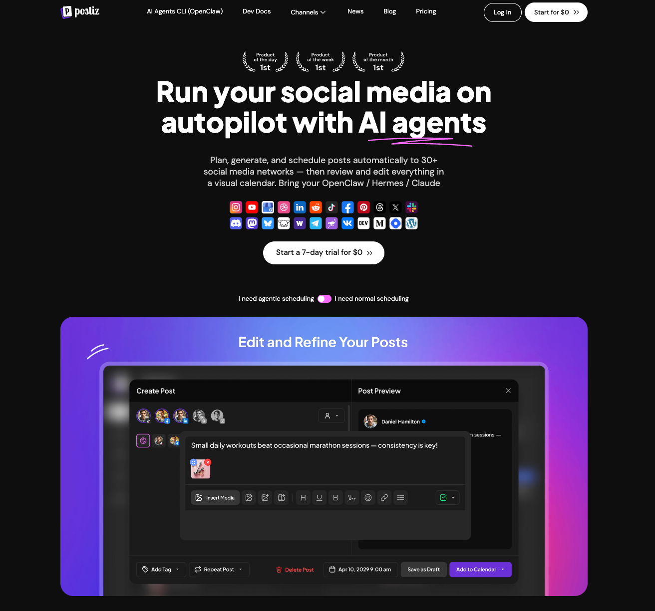 Postiz multi-platform posting tool homepage with the headline "Run your social media on autopilot with AI agents" showing 30+ platform icons and a post editor mockup