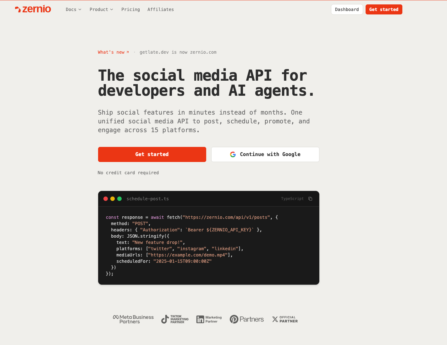 Zernio social media API homepage with the headline "The social media API for developers and AI agents" and a TypeScript code snippet scheduling a post