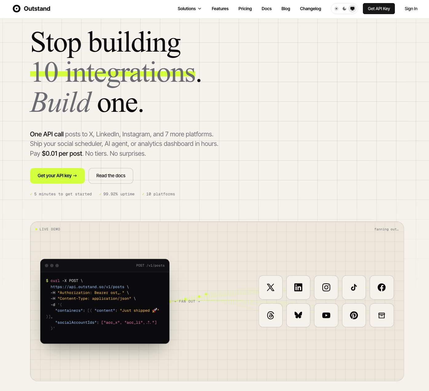 Outstand social media API homepage with the headline "Stop building 10 integrations. Build one." showing a cURL code snippet and a grid of platform icons