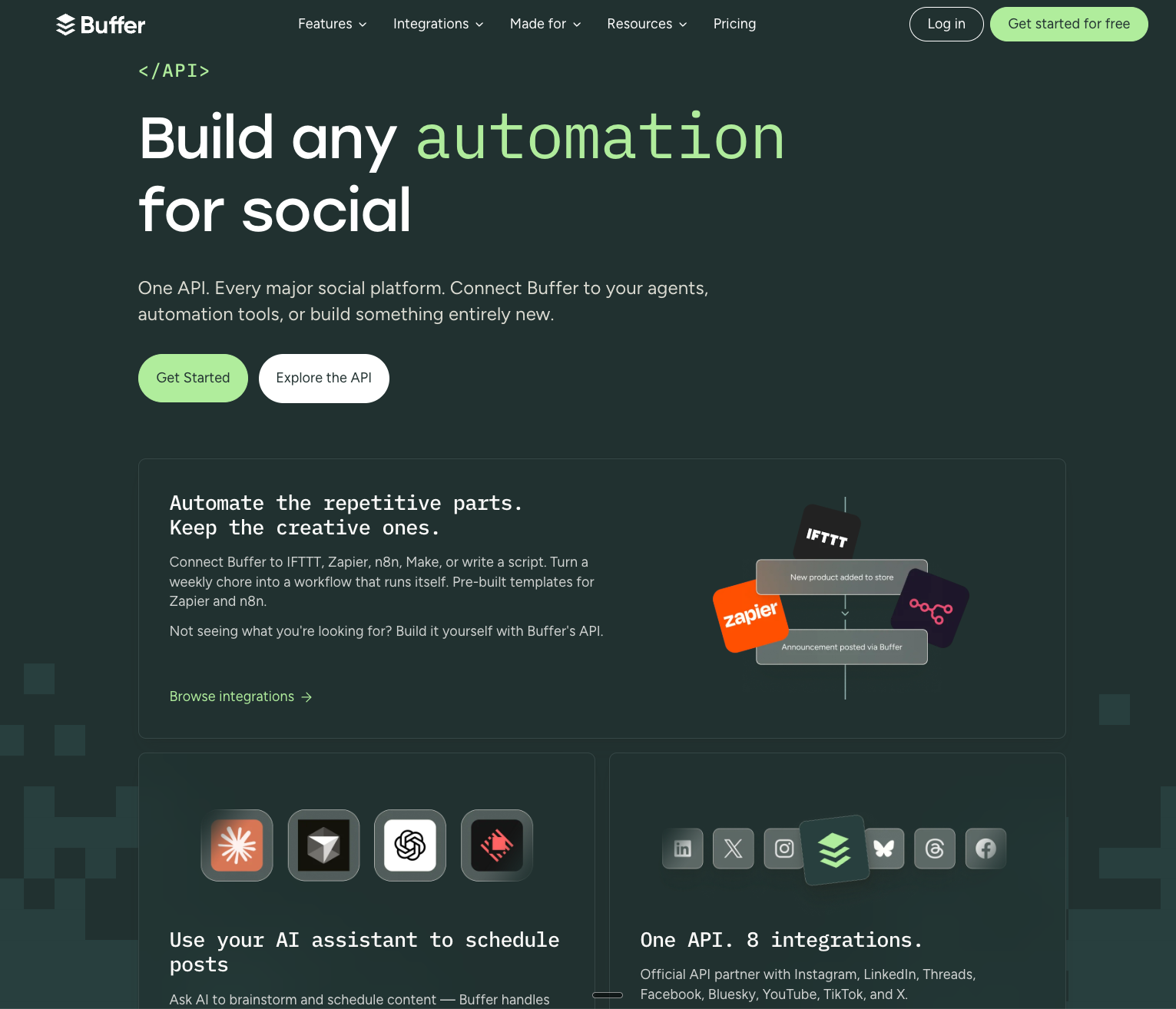 Buffer multi-platform posting API page with the headline "Build any automation for social" and a row of social platform icons