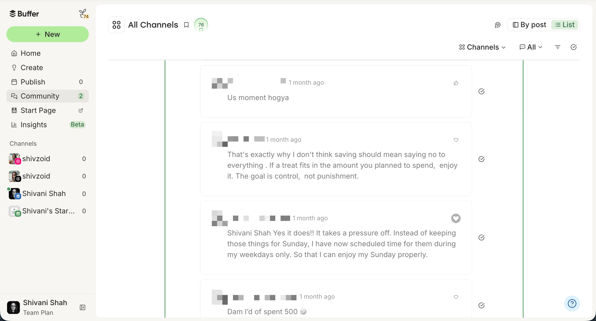 Buffer vs. Metricool comparison showing Buffer's Community inbox with a list of channel comments