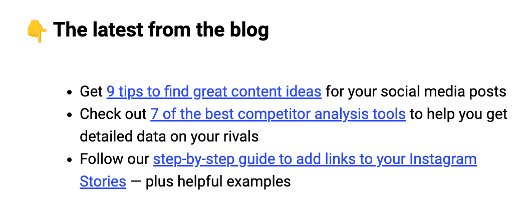 Screenshot of a newsletter section listing curated social media tips and resources, showing how content curation helps you manage multiple social media accounts efficiently.