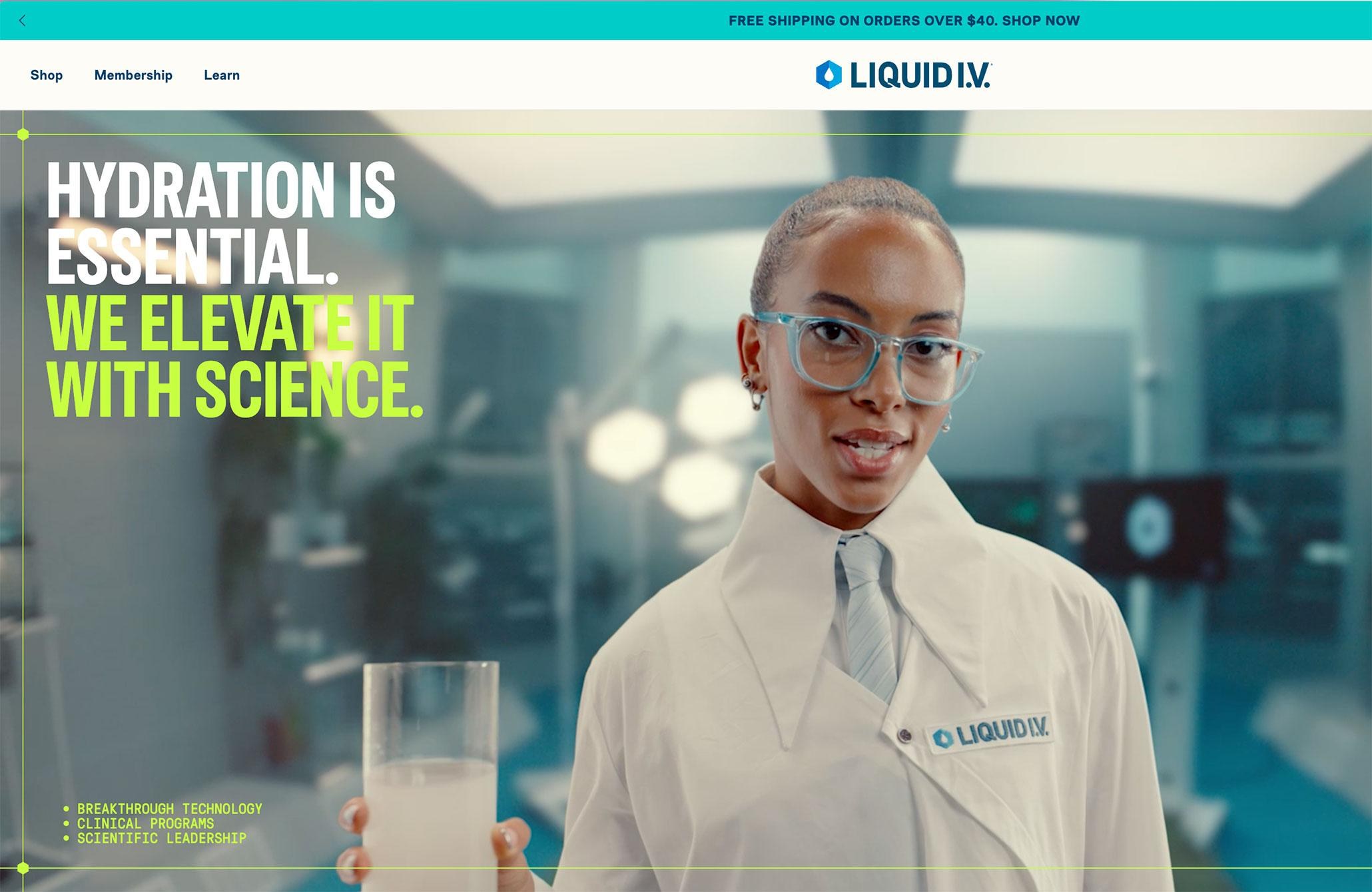 Screenshot of Liquid IV’s science page that reads “Hydration is essential. We elevate it with Science.” A woman in a lab coat and glasses holds a glass of Liquid IV.