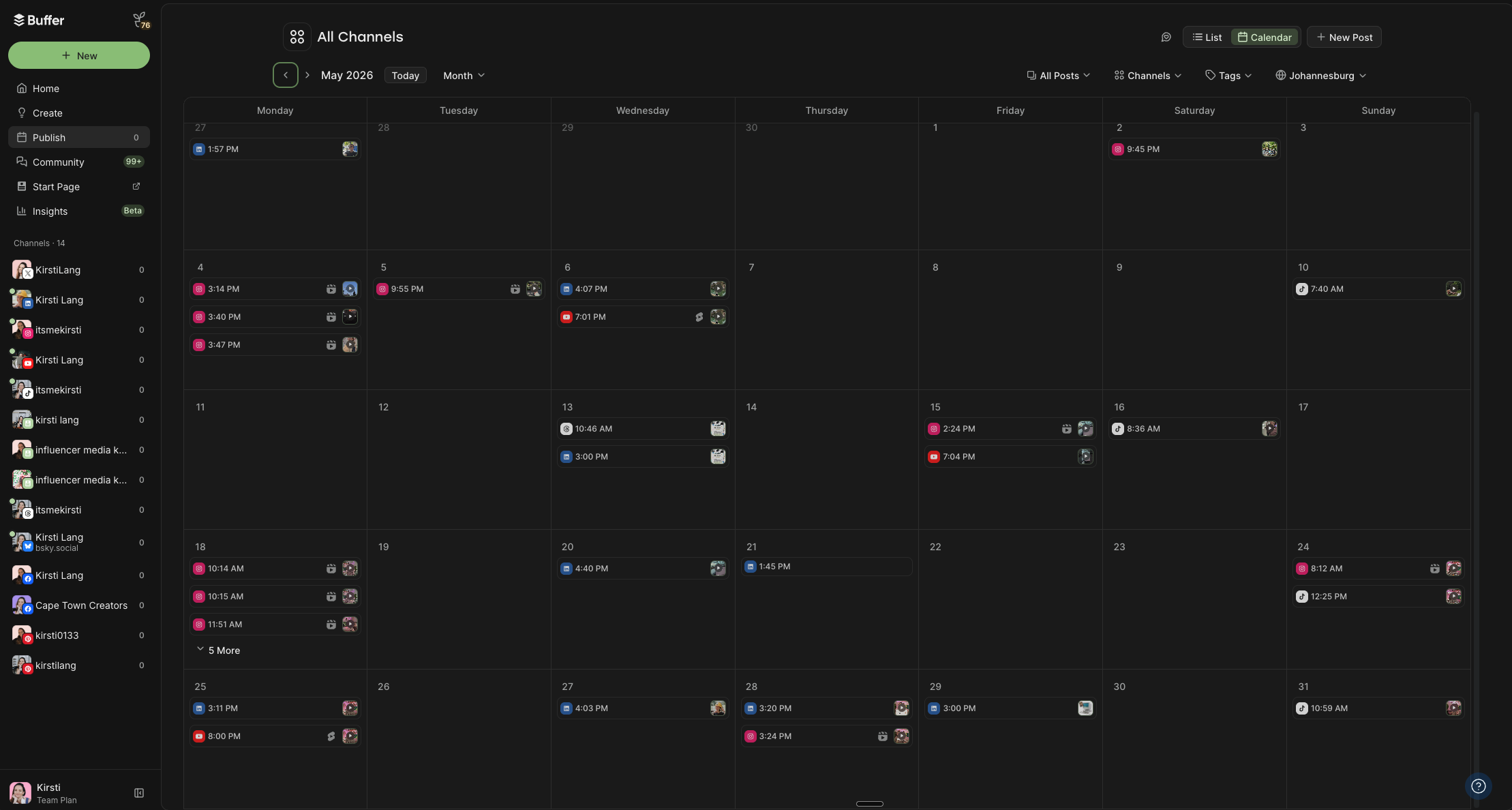 Buffer social calendar displaying a monthly content planning dashboard with scheduled posts across multiple social media channels, calendar view, and publishing timeline.