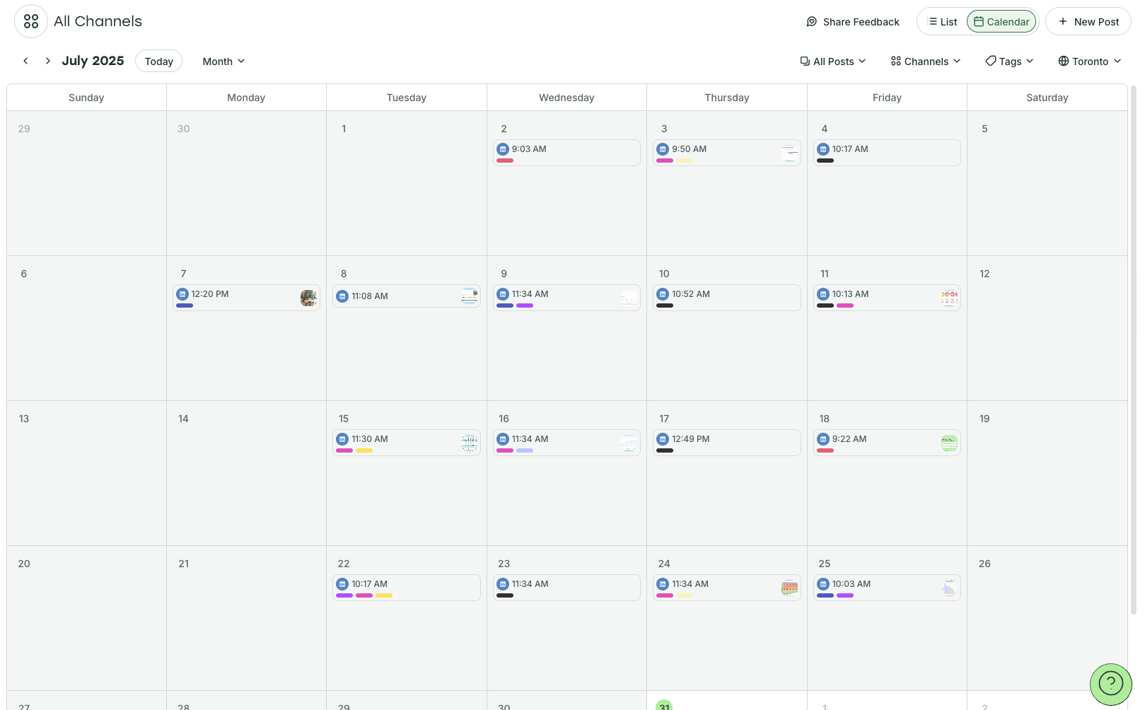 Buffer social media calendar with tags for organizing content by category, making it easier to filter, plan, and manage posts across multiple social media channels.