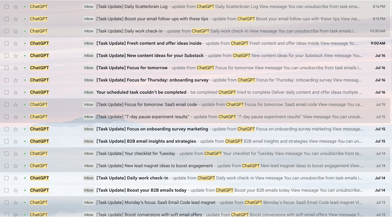 Gmail inbox showing automated ChatGPT task emails with daily content ideas and reminders, illustrating an AI-powered social media calendar workflow.