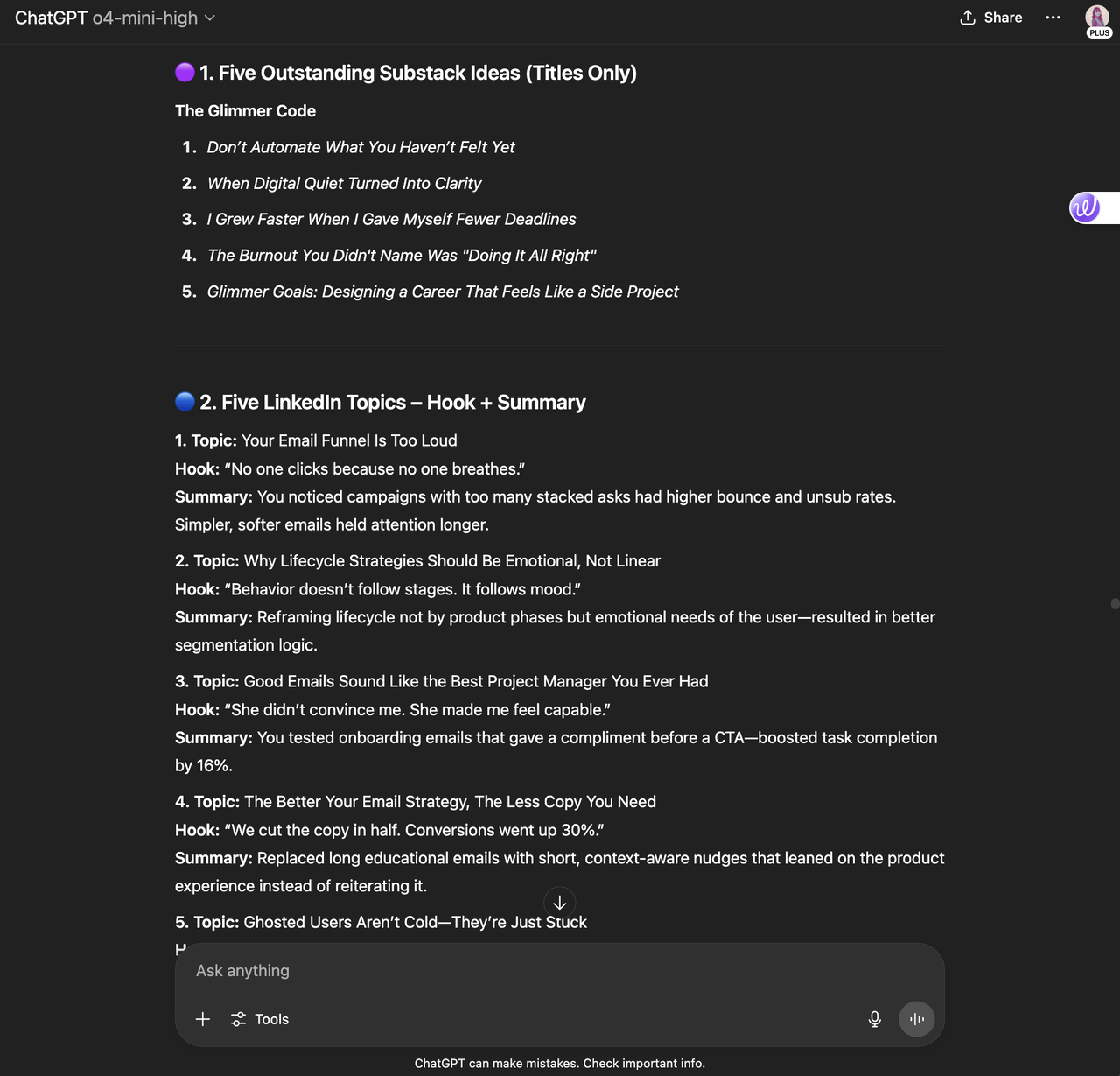 ChatGPT generating content ideas from a custom prompt, showing post titles and platform-specific topics to help plan a social media calendar.