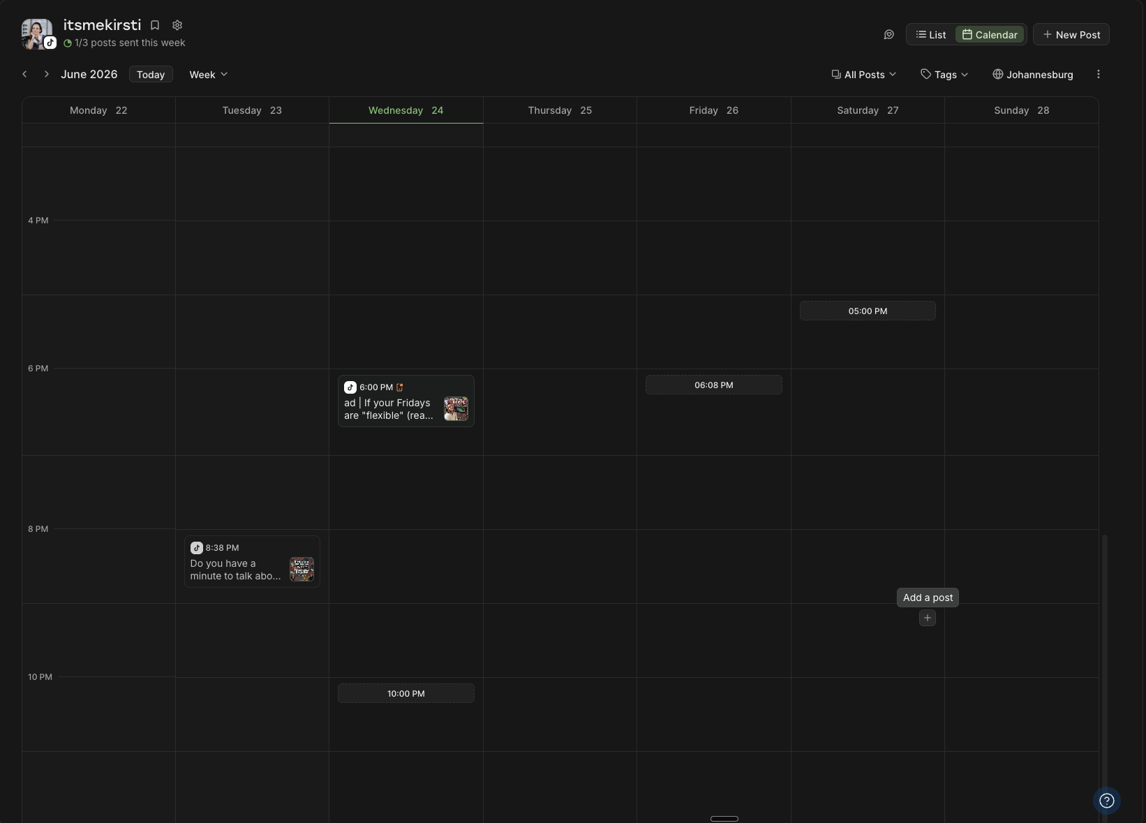 Buffer social media calendar showing a simple weekly TikTok posting schedule with planned publish times to build consistent content and maintain posting habits.