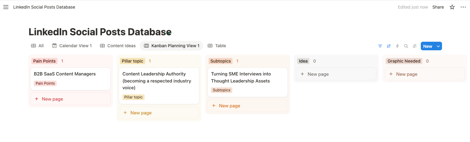 Notion social media calendar for personal brand-building with a LinkedIn content planner, Kanban workflow, content pillars, ideas, and post planning stages.